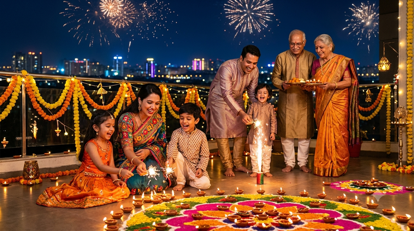 Indian family celebrating Diwali with sparklers, diyas and fireworks